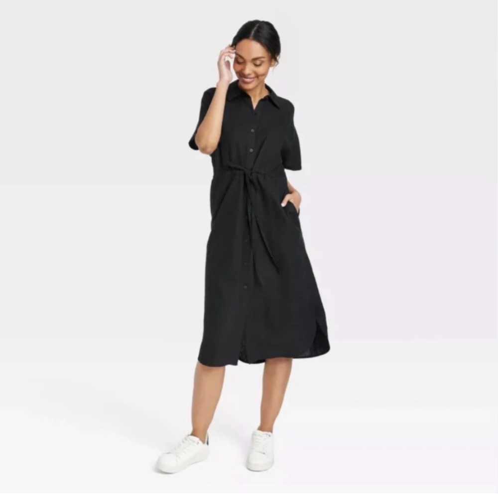 Women's Short Sleeve Linen Midi Shirtdress - A New Day Black Small  - 10